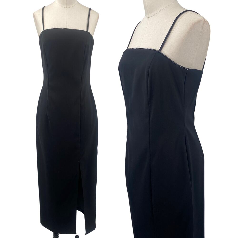 Vintage 90s Y2k City Triangles Embellished Maxi Dress Leg Slit Square Neck Black